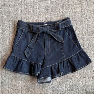 Cinq a Sept Dark Blue Denim Ruffle Tie-Waist Women's Shorts